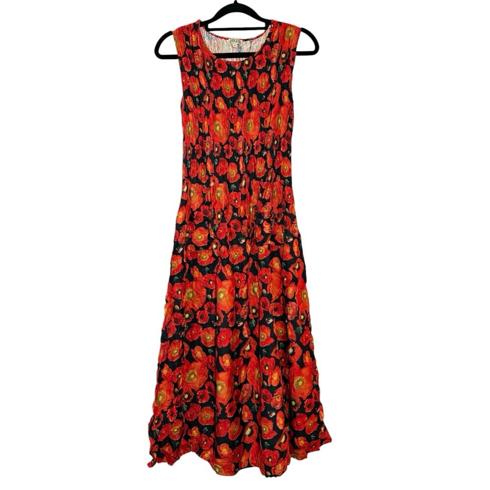 Alquema Black Orange Poppy Crinkle Pleated Smash Pocket Midi Dress 0 Small $245